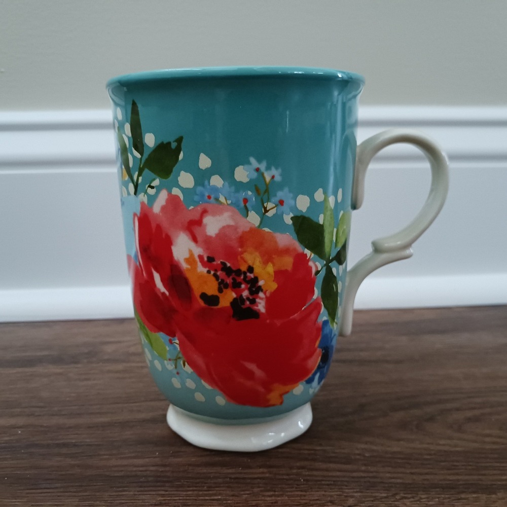 The Pioneer Woman Breezy Blossom Teal Floral Footed Coffee Mug Stoneware